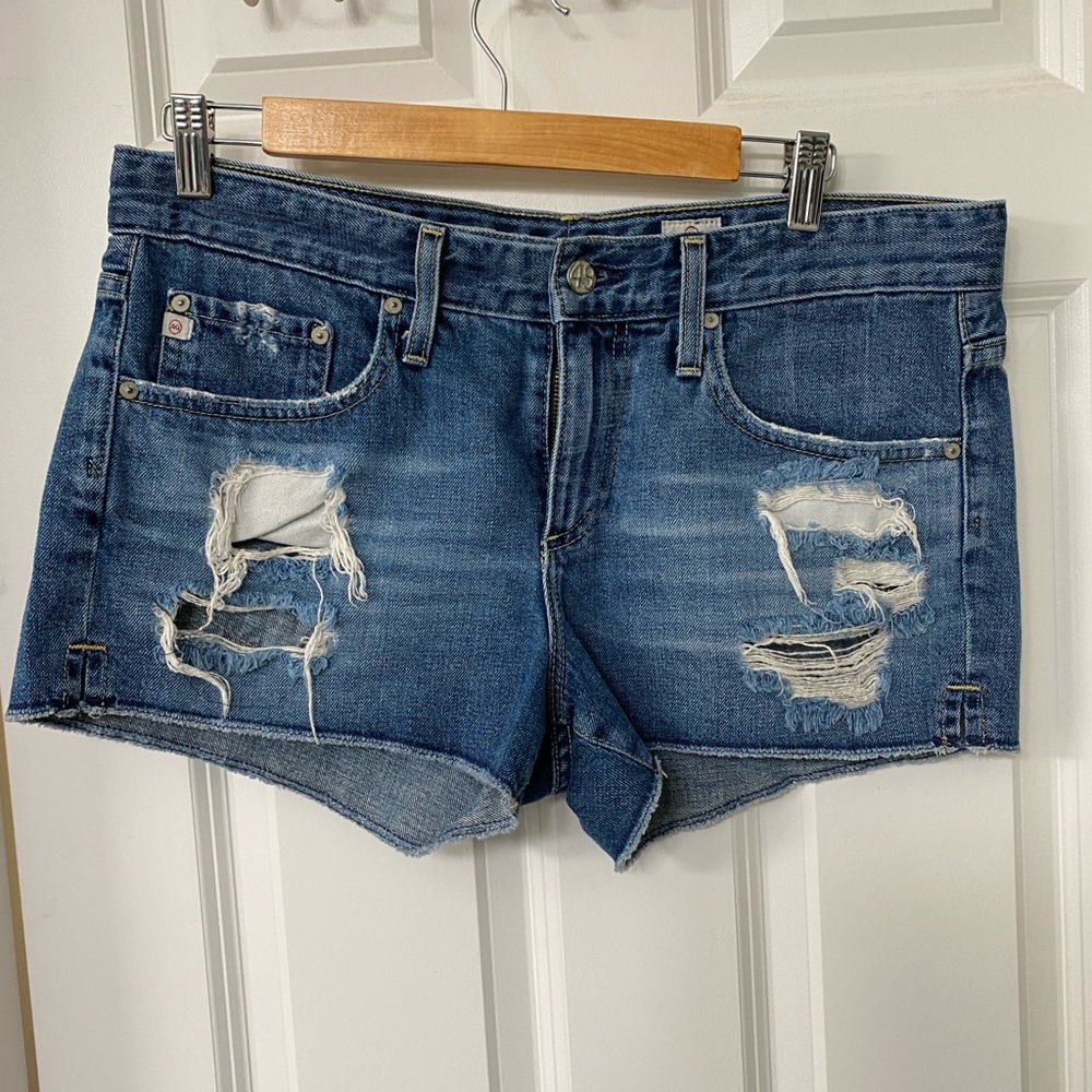 AG Adriano Goldschmied Distressed Dark Blue Denim Jean Shorts